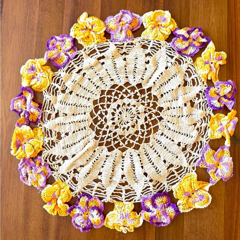 Crochet Floral Lace Doily- Yellow and Purple